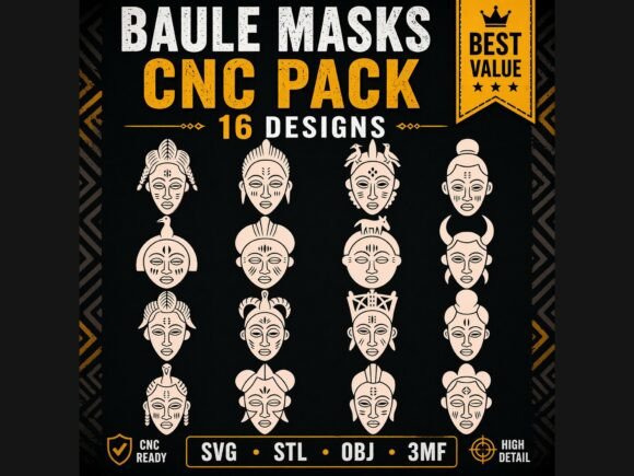 16 Baule African Masks CNC 3D Pack Graphics and Crafts