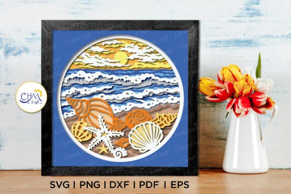 3D Beach and Seashells Shadow Box SVG