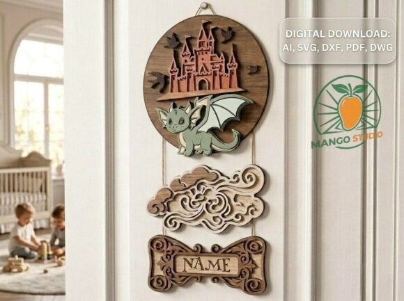 3D Dragon Castle Nursery Door Sign SVG for Laser Cutting Signs