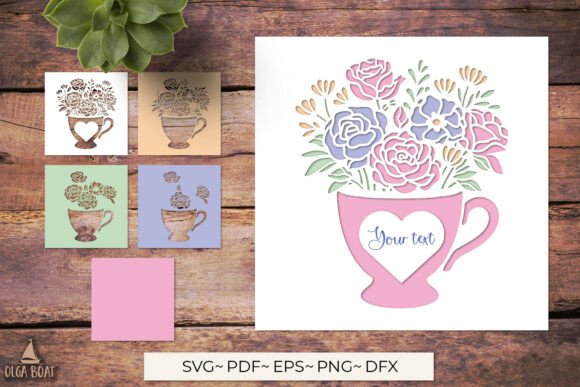 3D Floral Teacup Heart SVG Layered Card