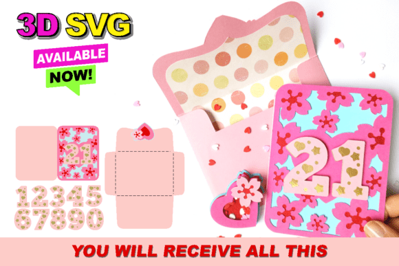 Cherry Blossom Card and Envelope 3D SVG for Birthdays