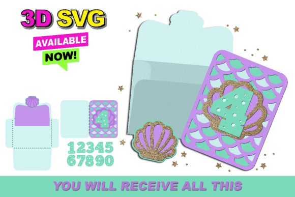 Mermaid Card and Envelope 3D SVG for Laser Cutting and Cards