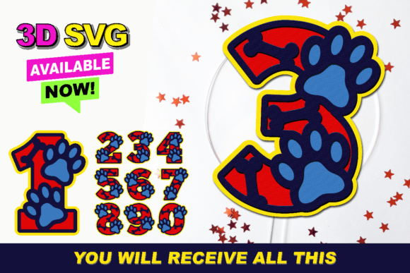 Pet Paw Numbers 3D SVG for Laser Cutting and Cards
